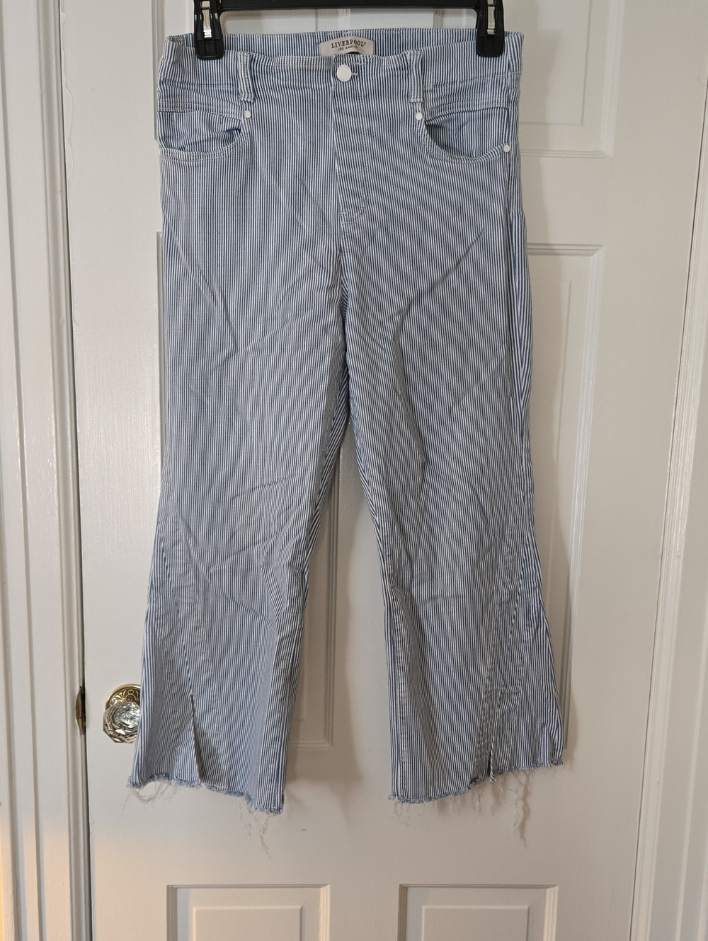 Liverpool Blue Pinstripe Wide-Leg Frayed Cropped Pull On Jeans